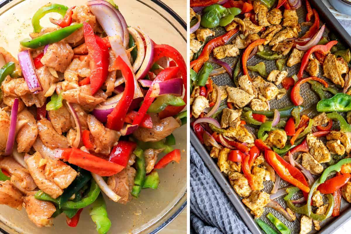 raw ingredients in a bowl and a sheet pan with cooking fajitas.