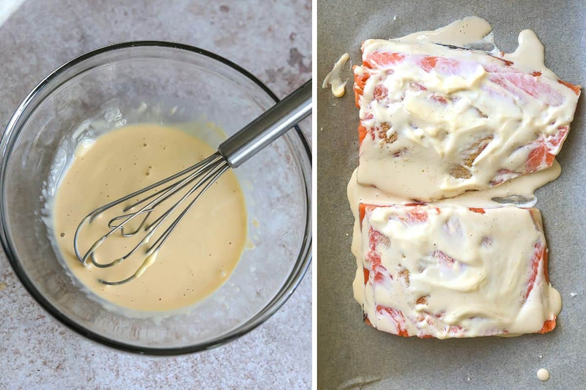 Clear mixing bowl with mayo mix and salmon with a mayo coating on top. 