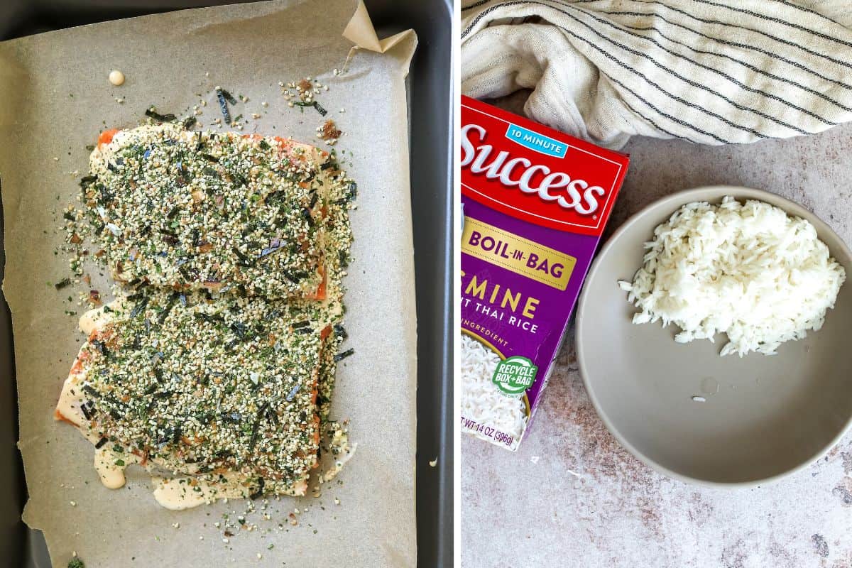 Salmon with Furikake on top on a cooking sheet.