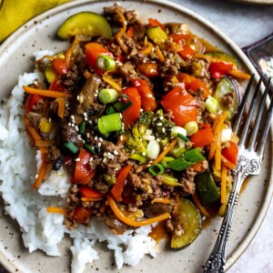 Ground beef in veggies served over rice.