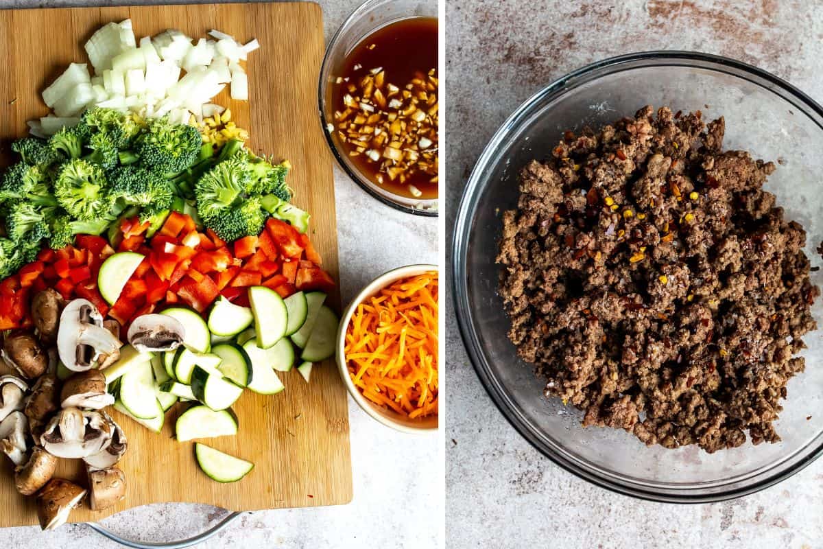 A collage showing the chopped vegetables on a cutting board and the beef cooked in a skillet.