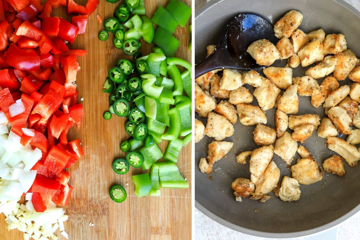 Chopped veggies on a cutting board and chicken in a skillet. 