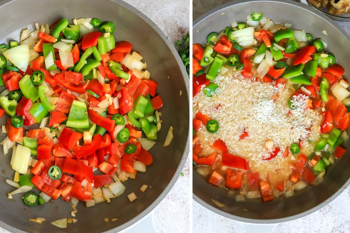 Chopped veggies in a skillet with rice and broth.