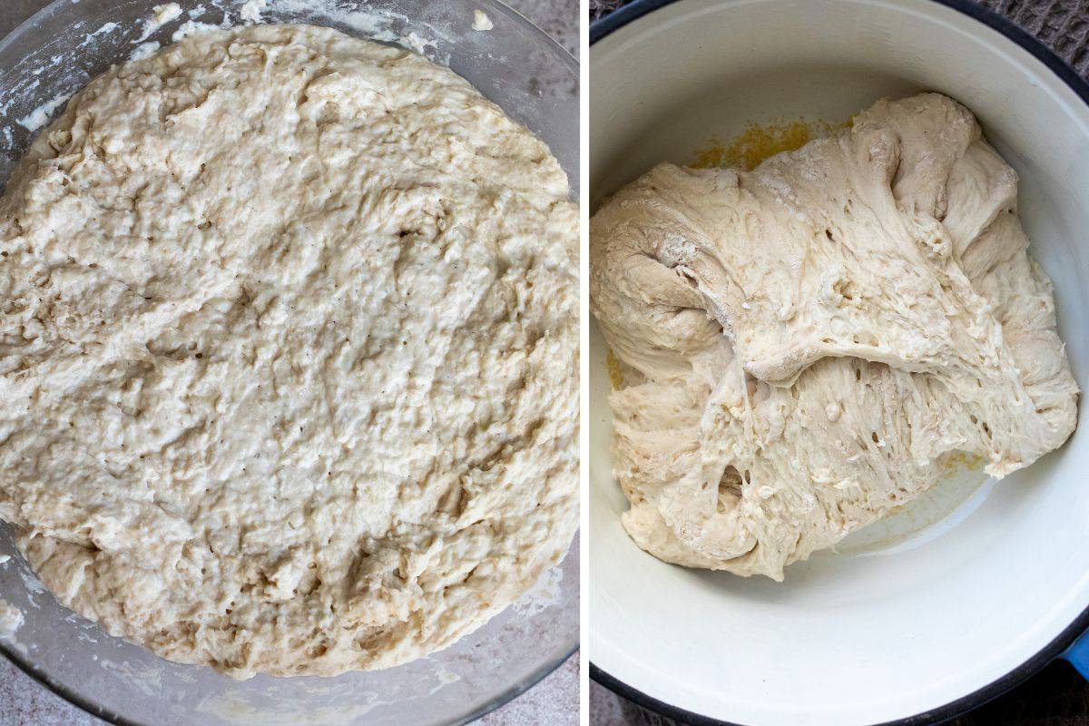 Steps to make the bread in a clear glass container and enveloping bread. 