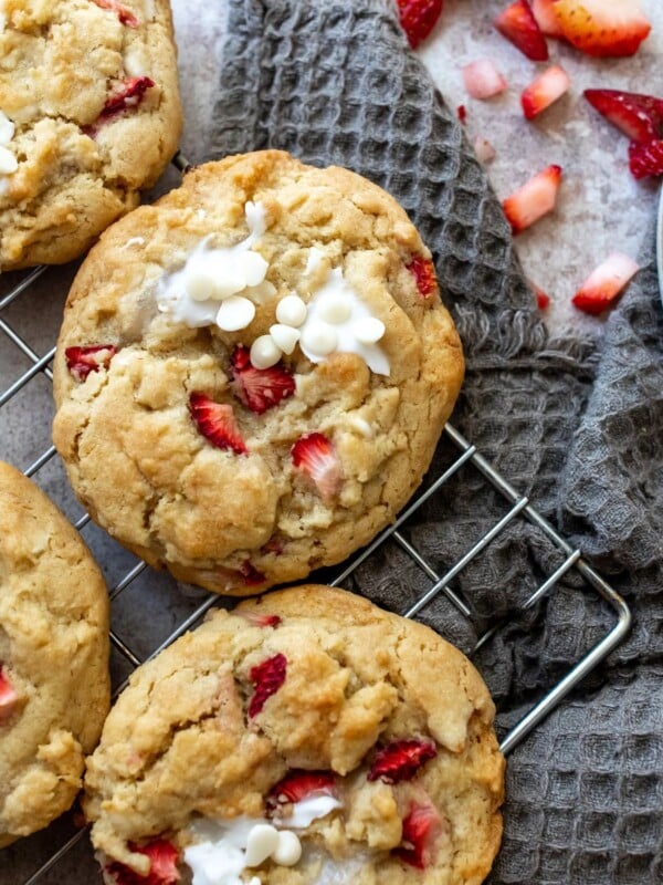Strawberry cheesecake cookies with gooey bits of sweet cream cheese and juicy strawberries throughout.