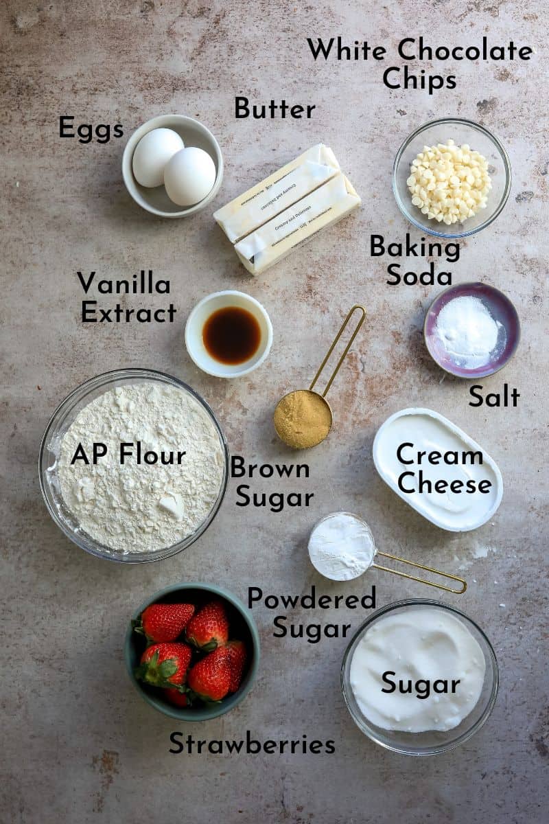 Ingredients needed to make these cookies. Small bowls on a counter. 