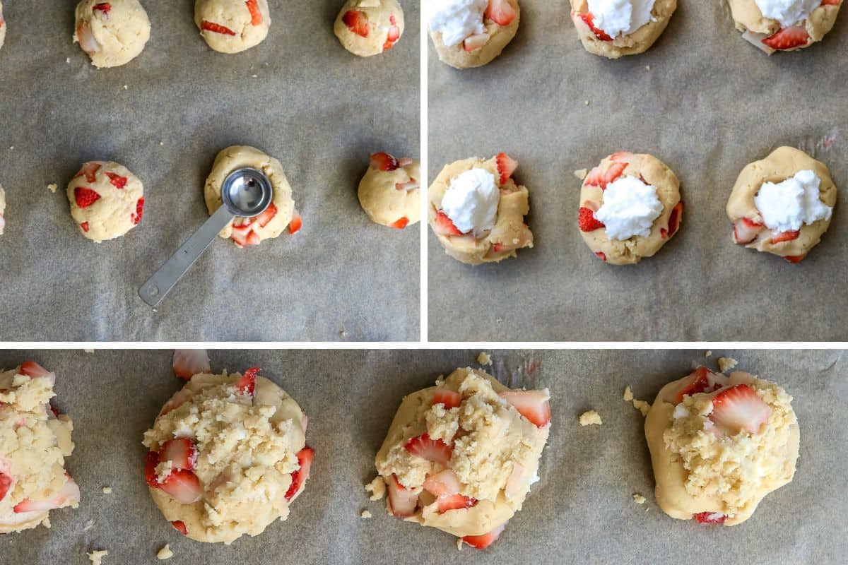 Steps to make Strawberry Cheesecake cookies on a cooking sheet. 