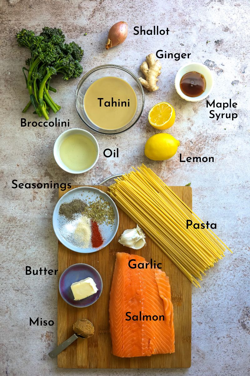Ingredients needed to make this recipe on a counter in small bowls and a cutting board. 