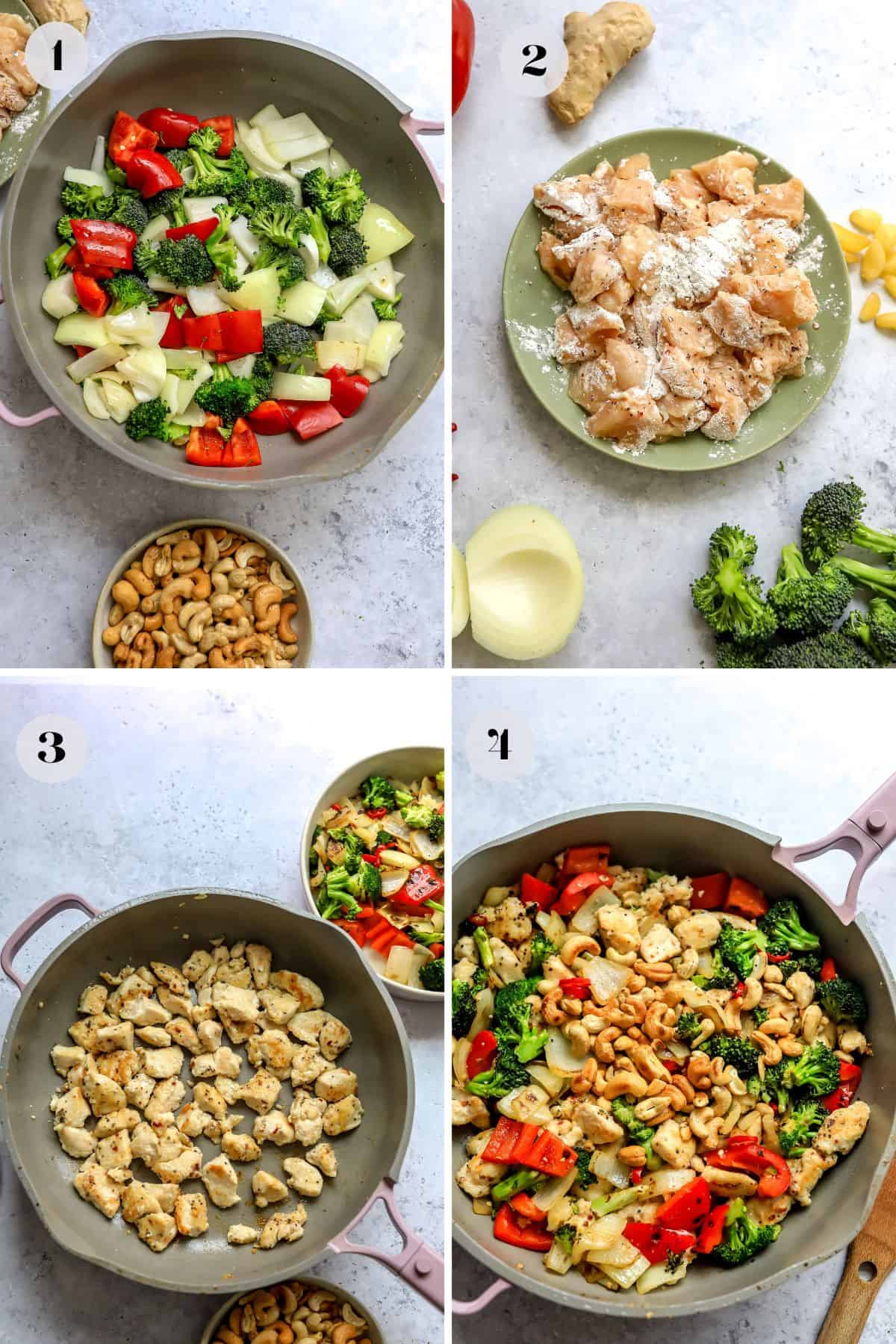 Steps to make this dish in a grey skillet with lots of bright veggies.