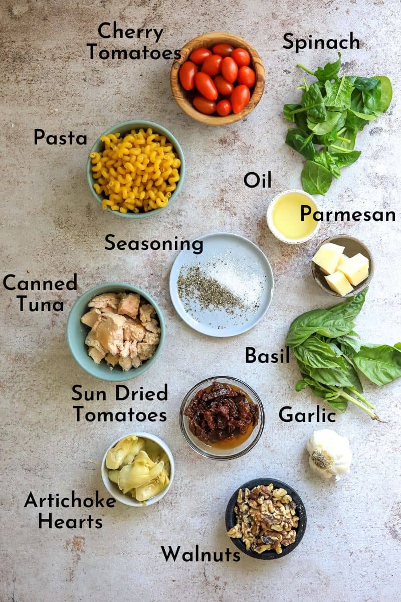 Ingredients for this recipe on a counter in small bowls with plates. 