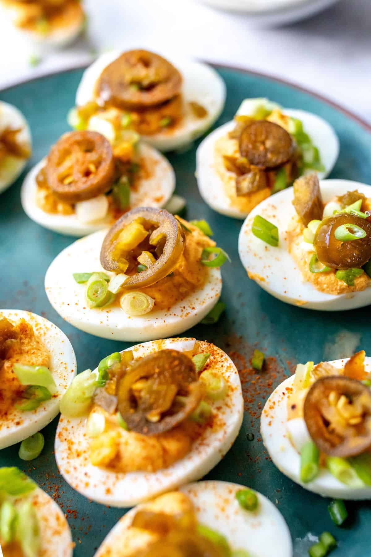 Spicy Deviled Eggs on a plate. 