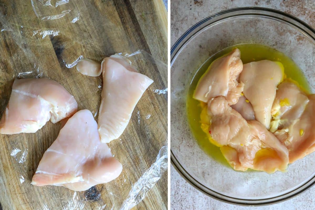 Raw chicken on plastic wrap and in a bowl with pickle juice. 
