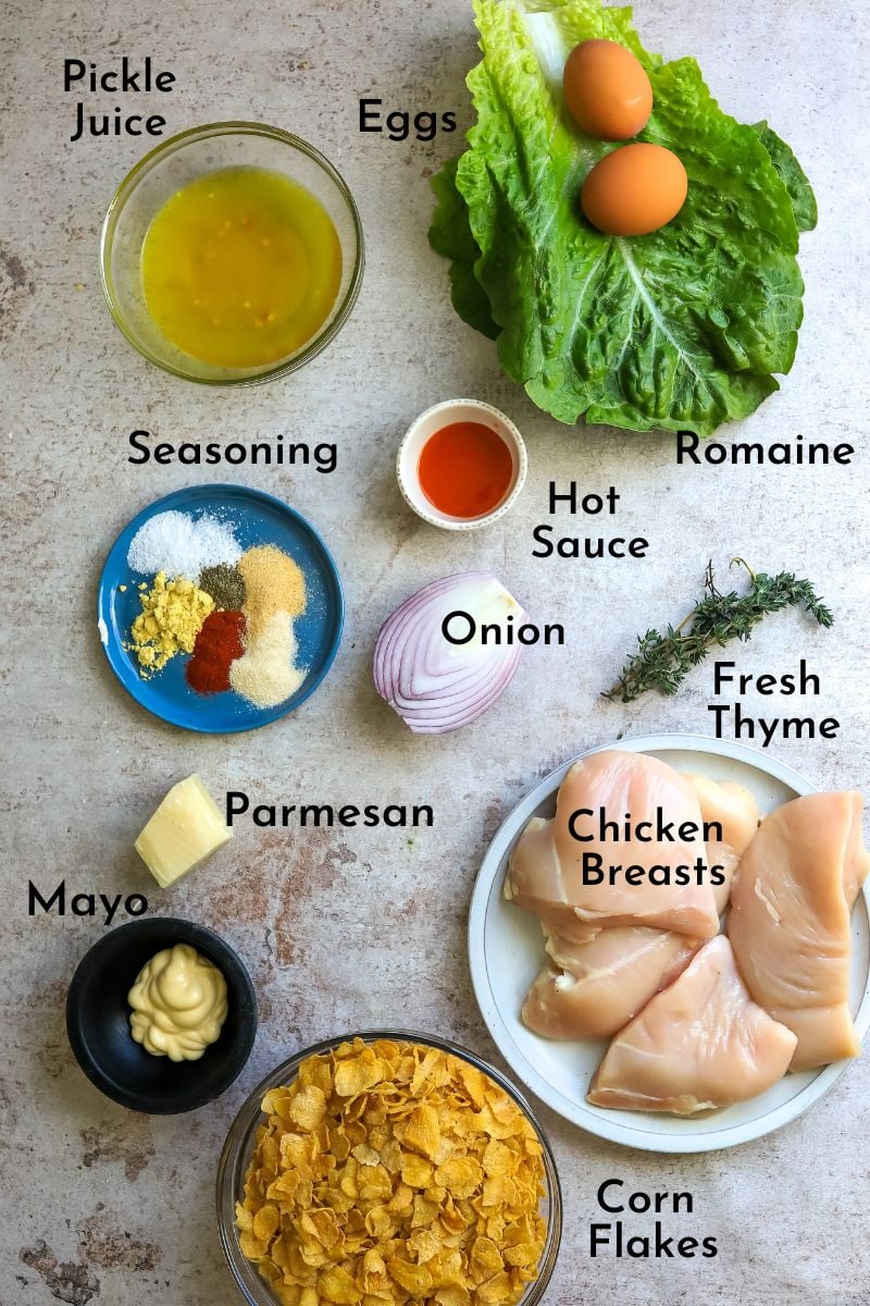 Ingredients to make crispy chicken on a counter. 