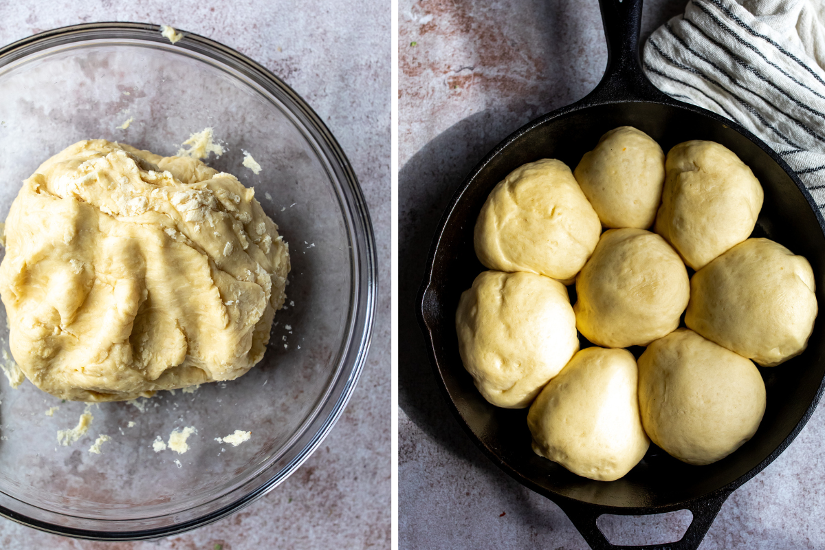 Steps to make this recipe in a clear glass bowl and rolls shaped in a cast iron skillet. 