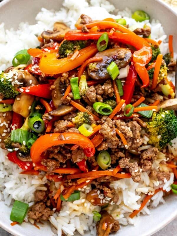 White bowl with ground beef Teriyaki over rice.