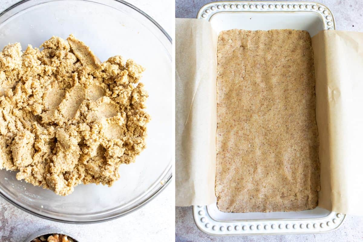 Clear bowl with batter in it and pressed into a bread tin.