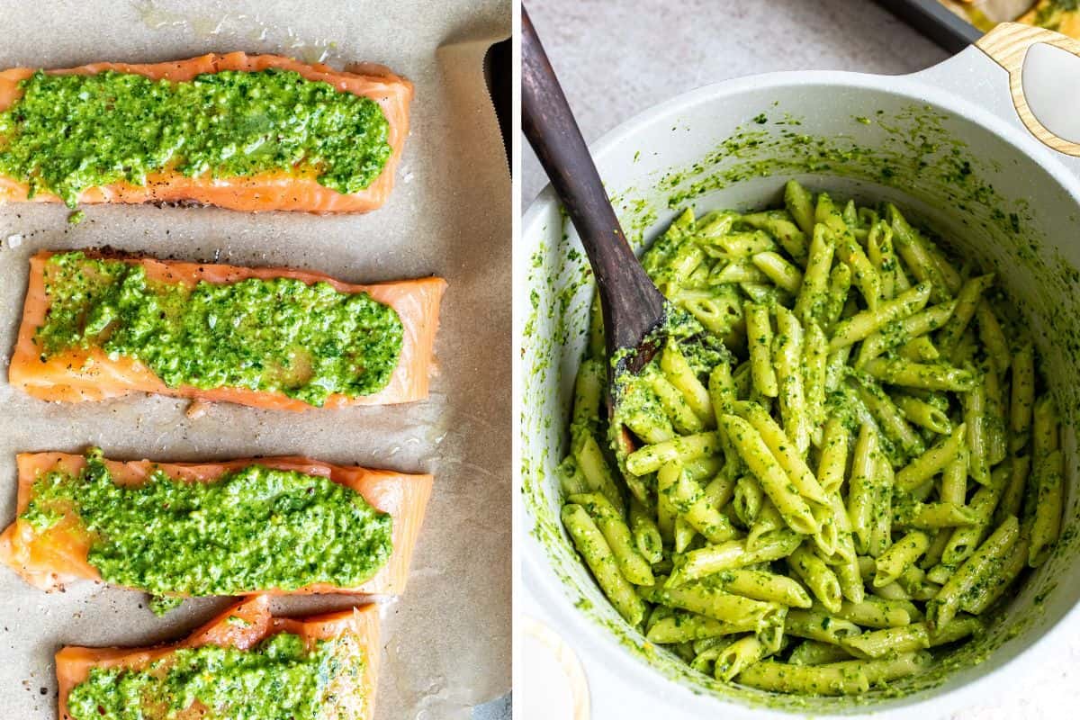 Steps to make this recipe. Pesto on salmon and a mixing bowl. 