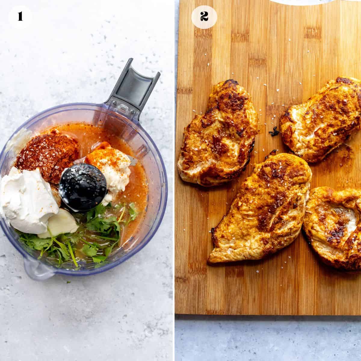 Steps to make this recipe in a small food processor and cooked chicken on the side.