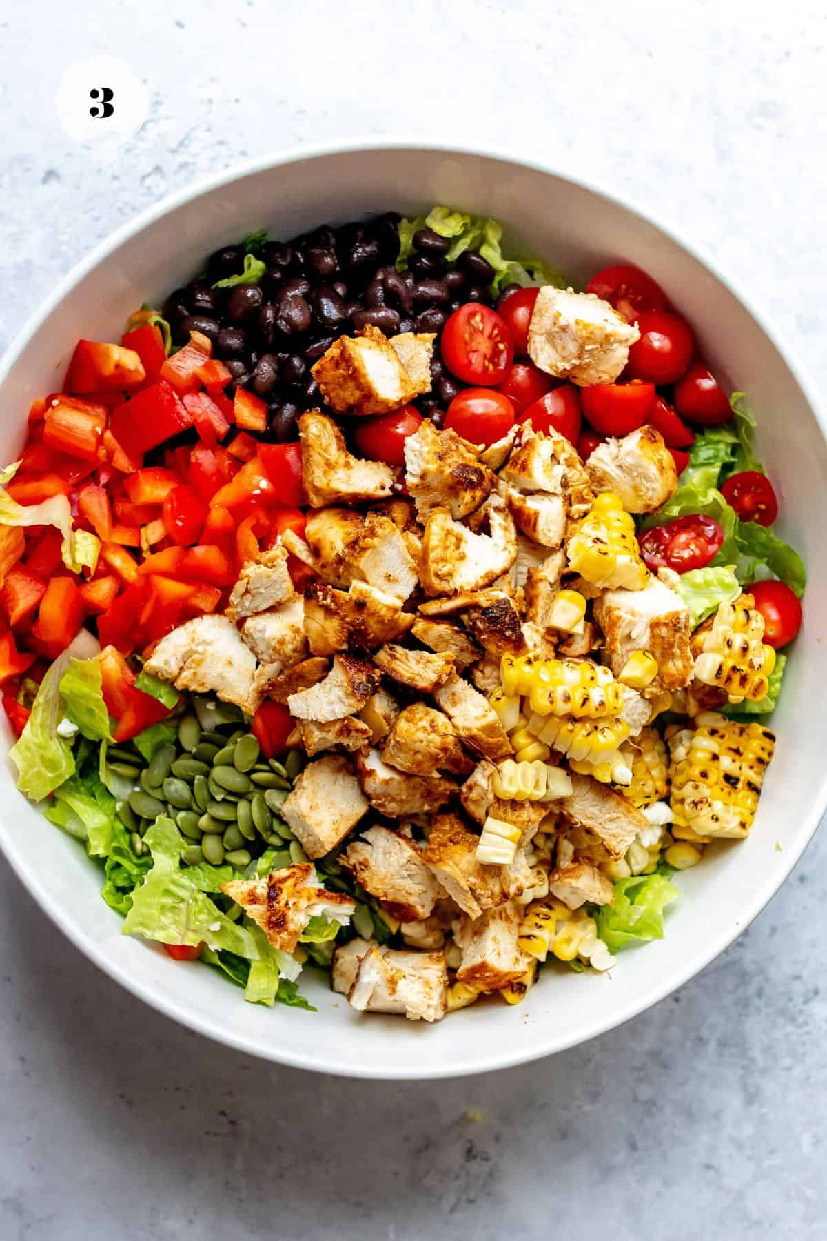 Big salad bowl with all the ingredients piled in.