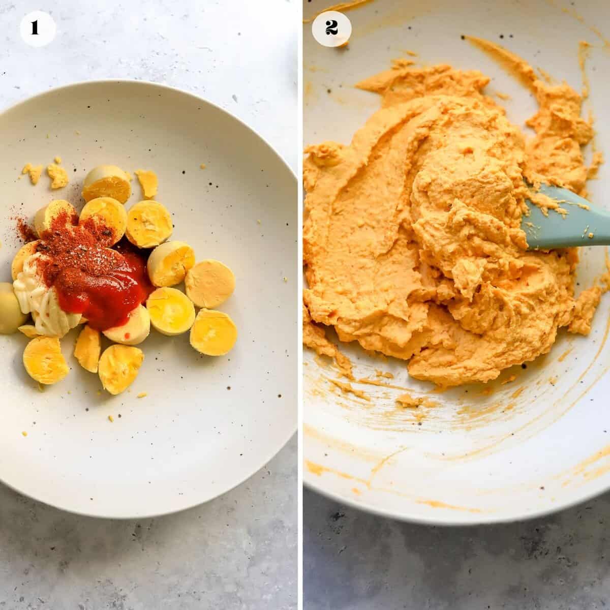 Steps to make spicy deviled eggs. 