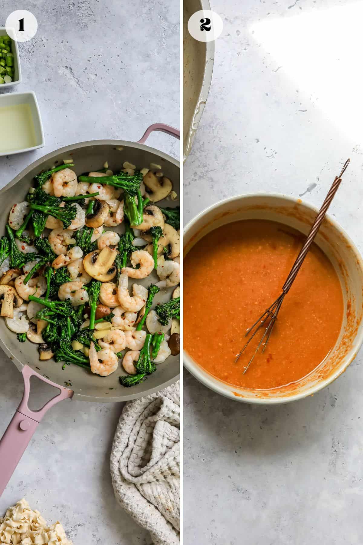 Steps to make this recipe in a frying pan and a bowl with a whisk.