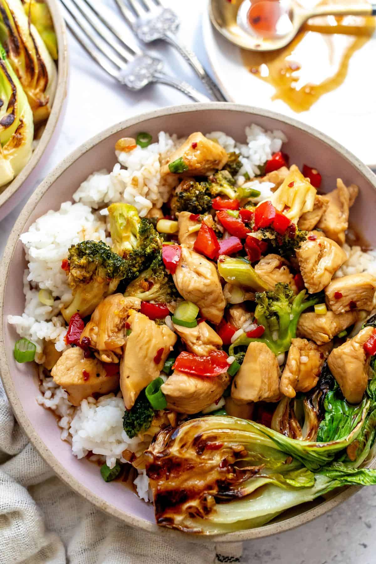 Teriyaki Bowls up close on a counter with a plate and a spoon on the side