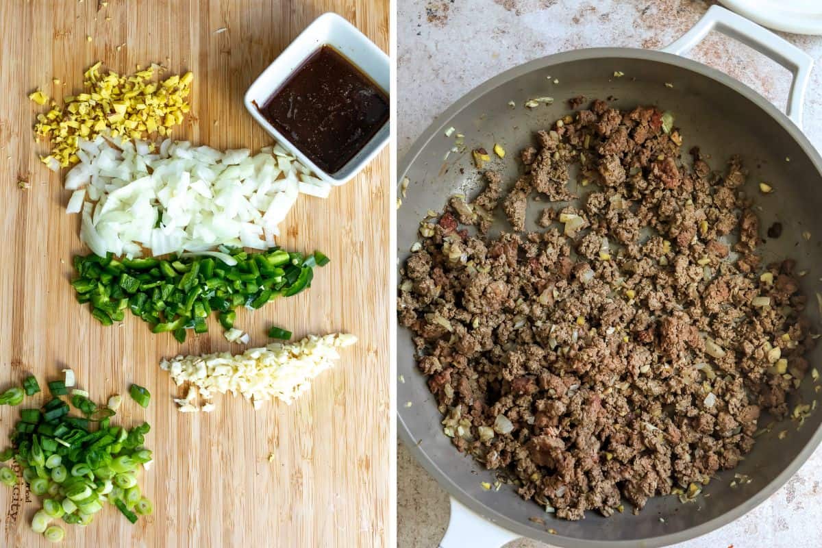 Vegetables chopped on a cutting board and ground beef cooked in a skillet. 