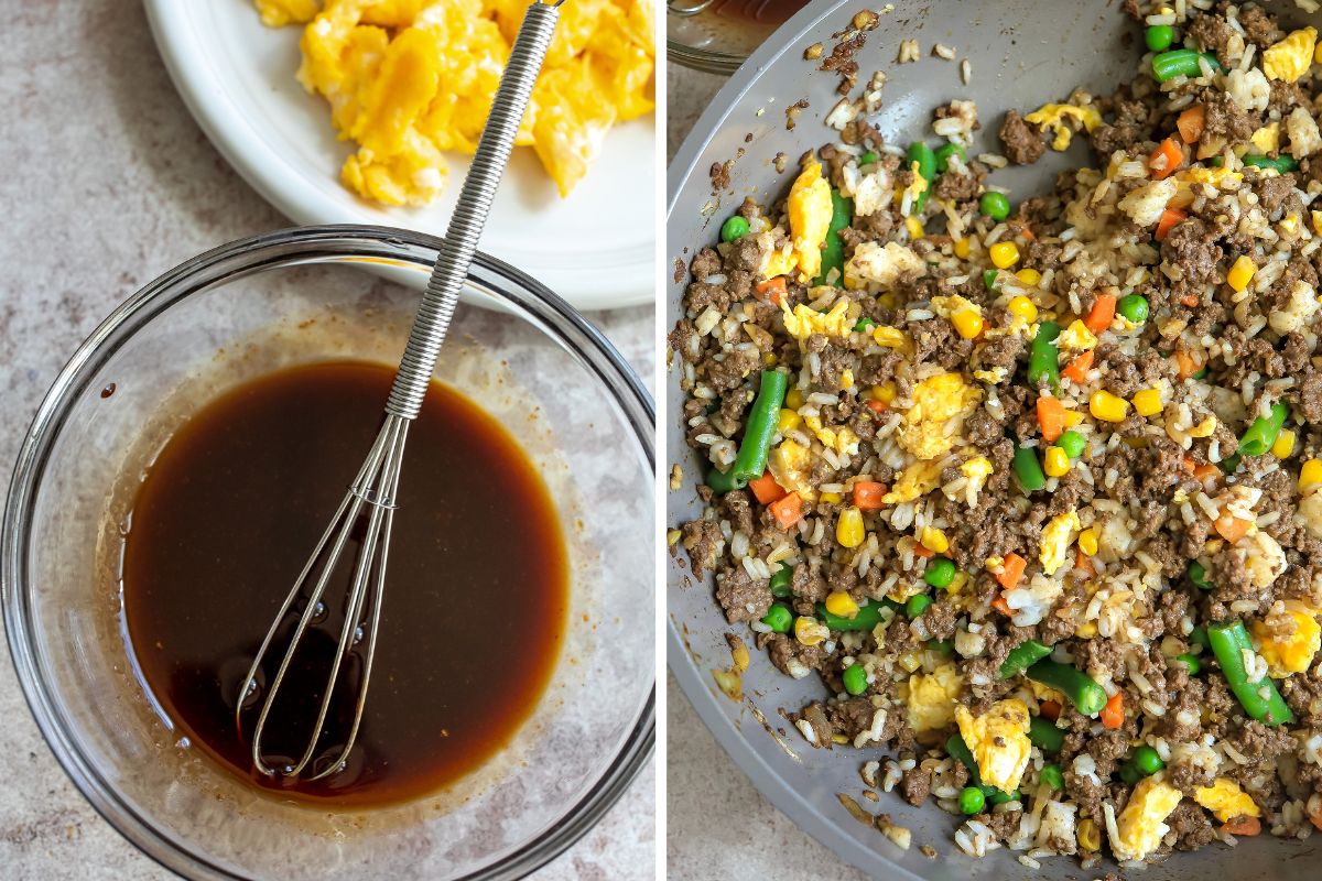 A small glass bowl with a whisk and a pan with beef fried rice. 