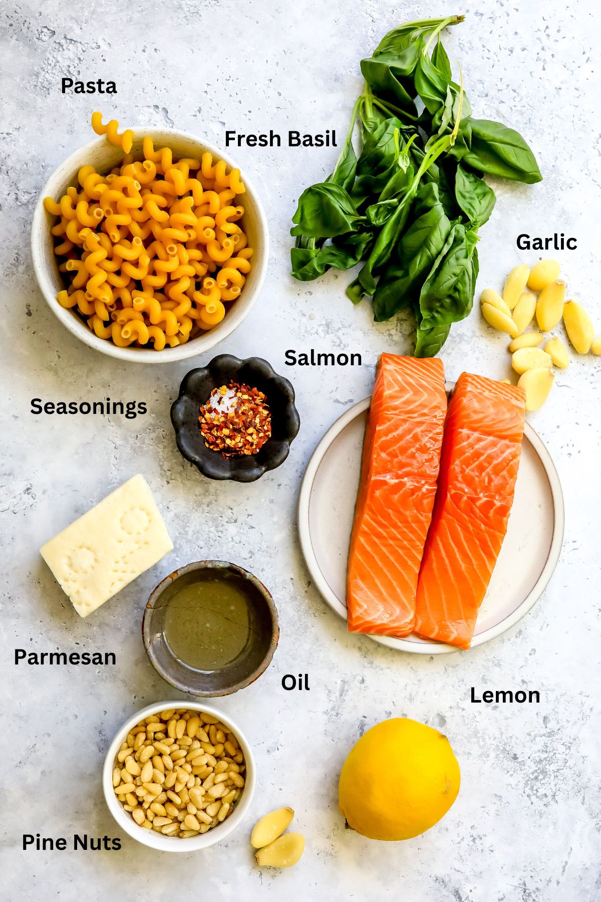 Ingredients for this recipe on plates and in bowls.