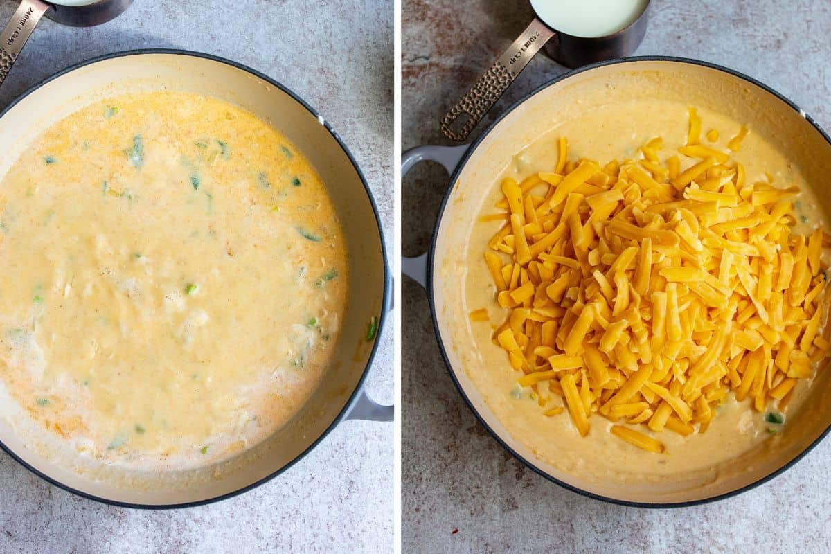 Spicy mac and cheese steps in a shallow dutch oven.