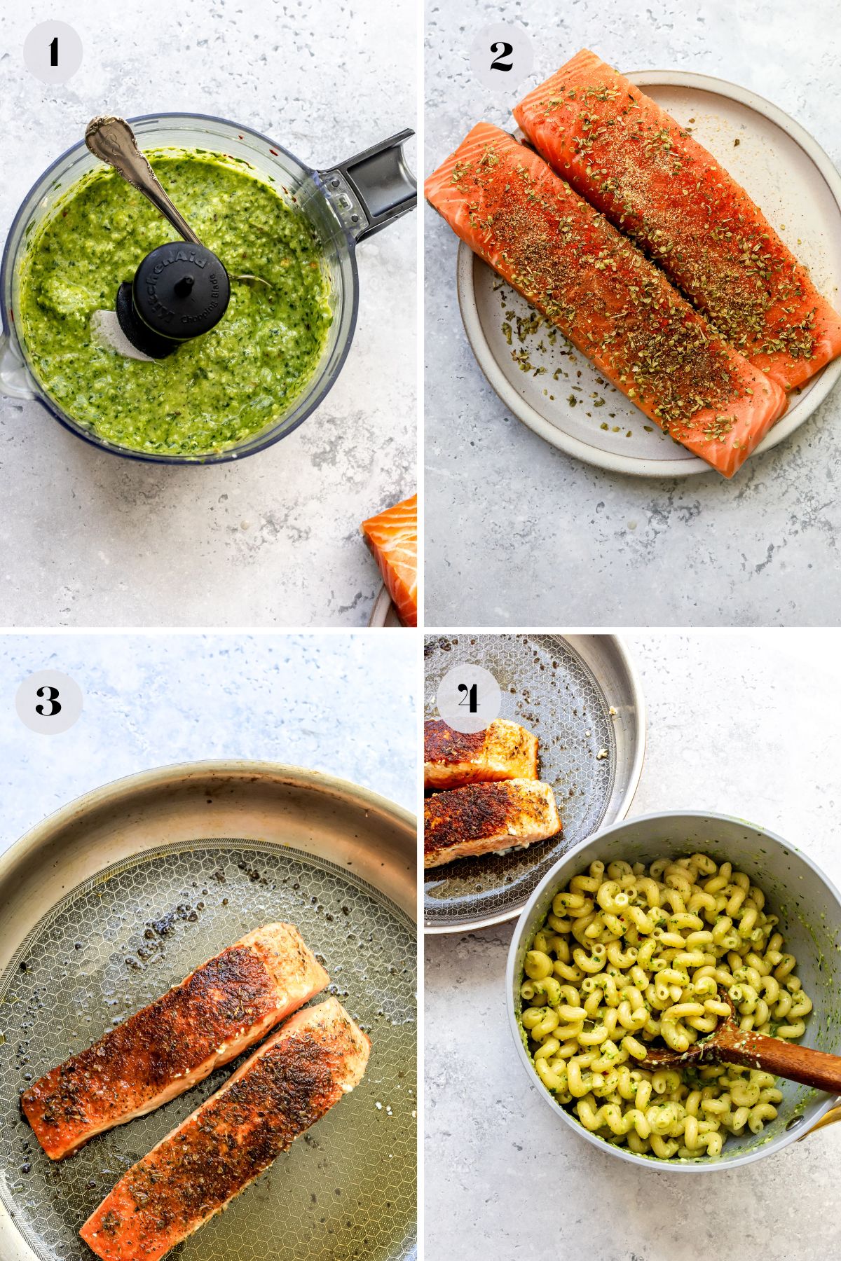 Steps to make this recipe in a blender and on a plate with seasonings.