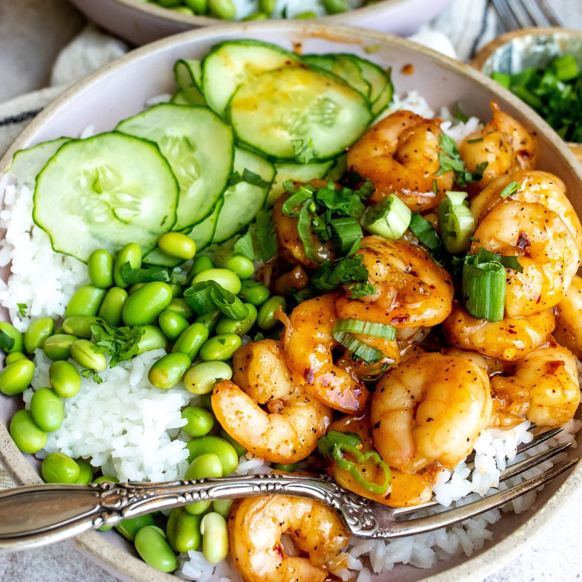 Bowl with shrimp and rice and sliced cucumbers. 