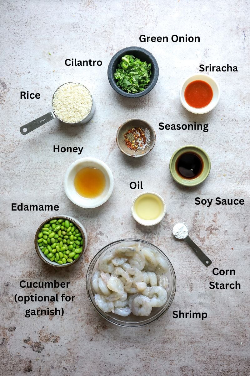 ingredients in small bowls on a counter. 