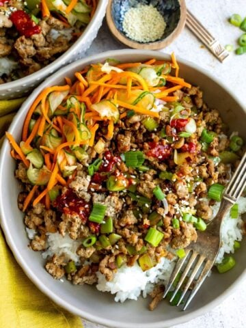Ground turkey with sauce and veggies in a grey bowl.