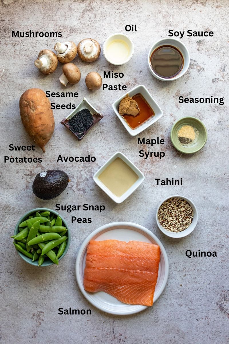 Ingredients needed on a counter in little bowls. 