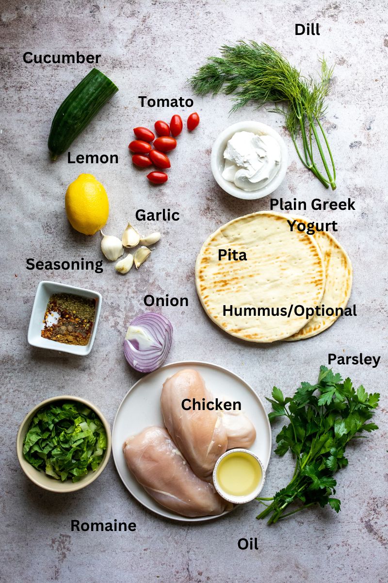 Ingredients needed to make this recipe on a counter. Herbs and other ingredients in small bowls. 