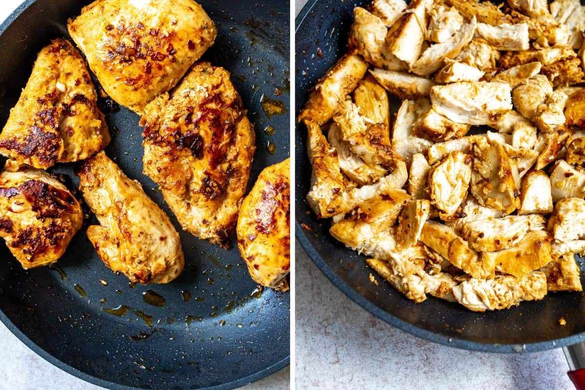 Chicken breasts in a skillet.
