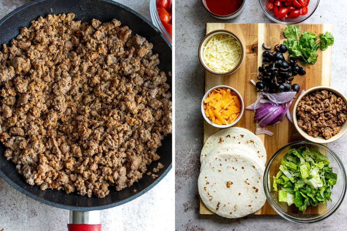 A black skillet with ground beef in it and a cutting board with Ingredients to top the pizza with.