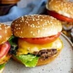 Burger on a white plate, up close.