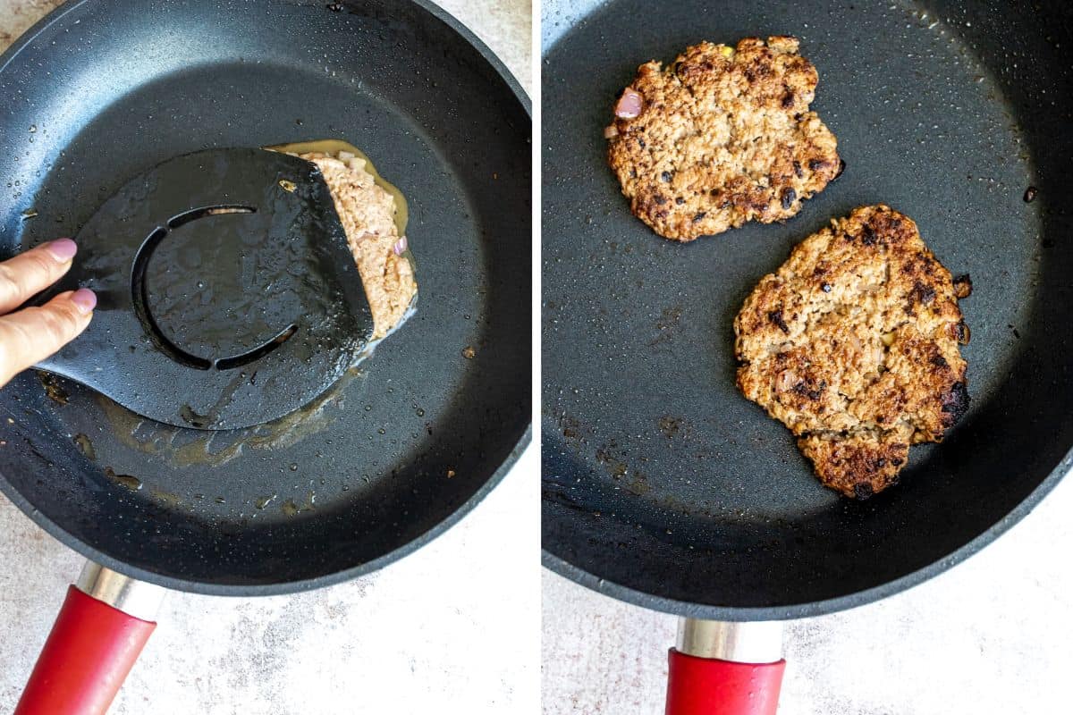 Black frying pan with turkey smash burgers in them. A spatula smashing them.