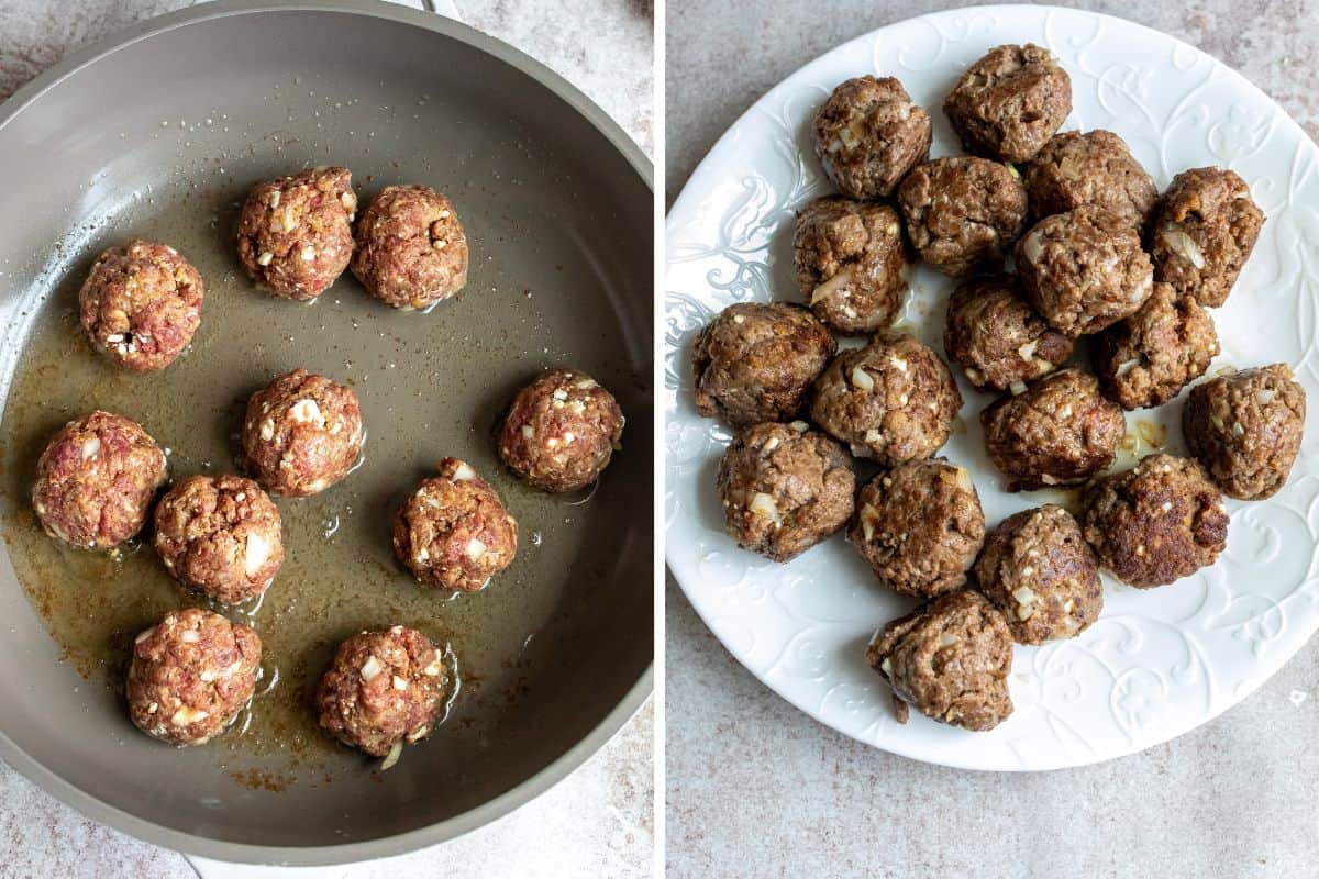 Skillet with meatballs in it cooking and a white plate with cooked meat. 