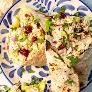 Two chicken salad wraps on a blue and white plate.