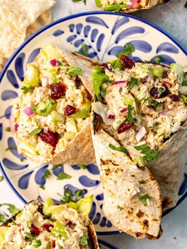 Two chicken salad wraps on a blue and white plate.