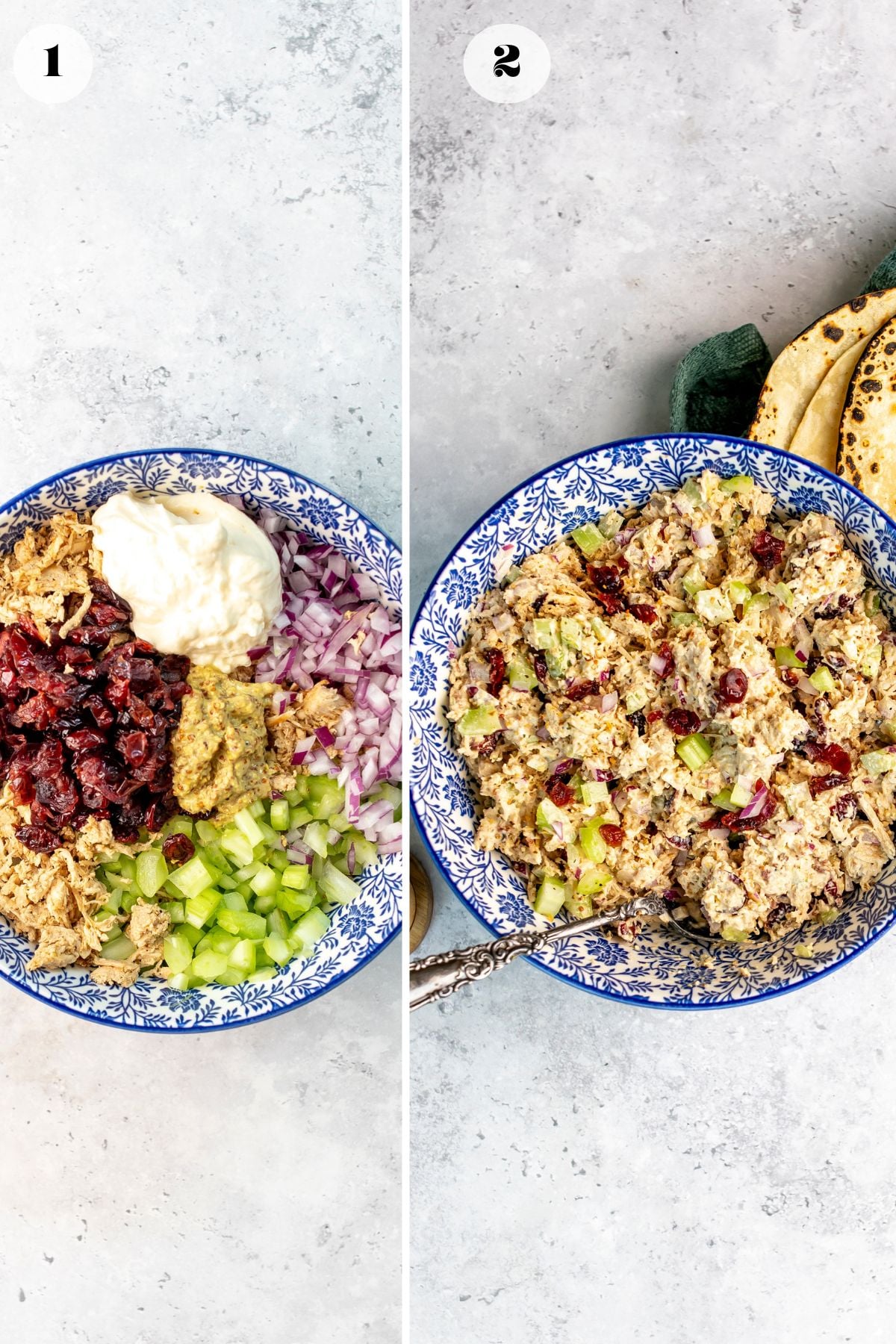 The chicken salad ingredients in a blue and white bowl before and after mixing everything together.