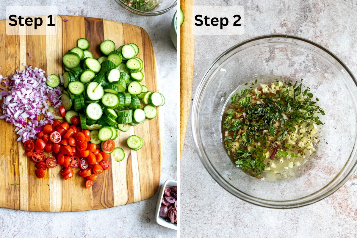 Steps to make this recipe on a cutting board and in a clear mixing bowl. 
