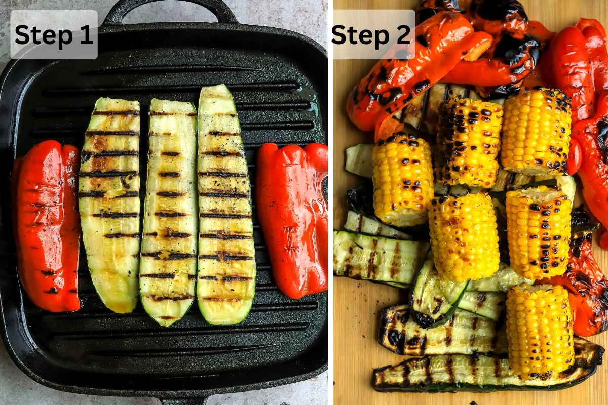 Grill pan with veggies on it and black grill marks. 
