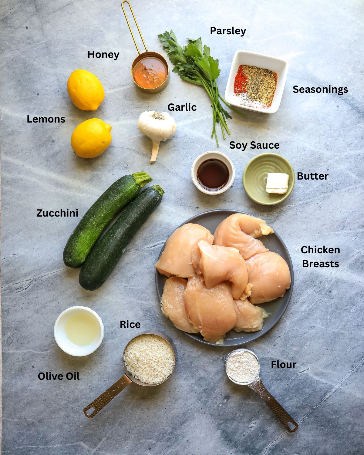 Ingredients needed to make garlic honey lemon pepper chicken. 