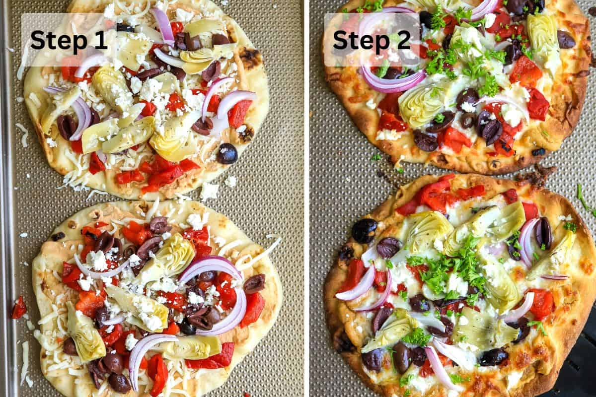 Flatbreads on a cooking sheet with lots of toppings. 