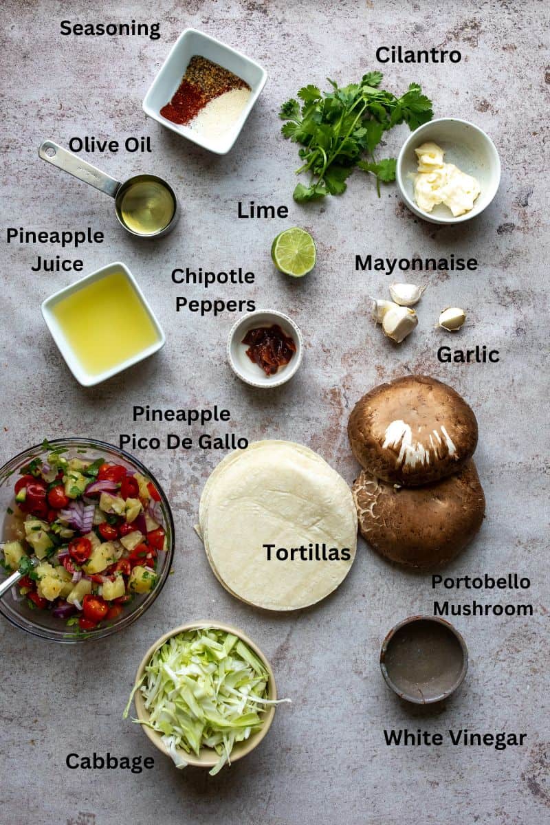 Ingredients on a counter in small bowls and dishes. 