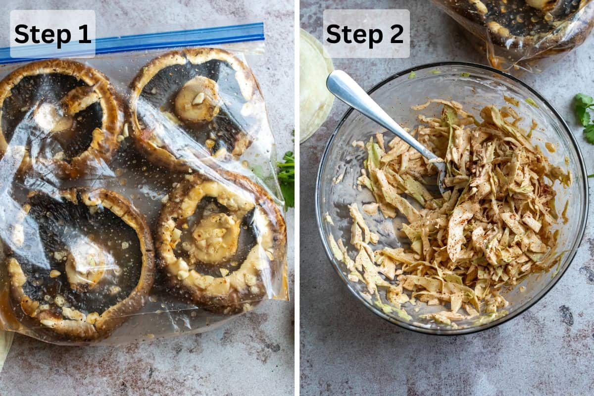 Mushrooms marinating in a plastic bag and bowl with chipotle slaw.